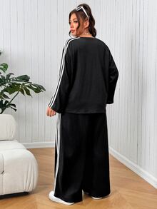 SHEIN EZwear Plus Size Women's Color Block Long Sleeve Top And Pants Casual Everyday 2 Pieces Set Fall - Black - View 2