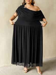 SHEIN CURVE+ New Summer Brown Asymmetrical Shoulder Cowl Neck Metal Buckle Decor Plus Size Cinched Waist Flared Mesh Double Layer Dress/Premium - Black - View 5