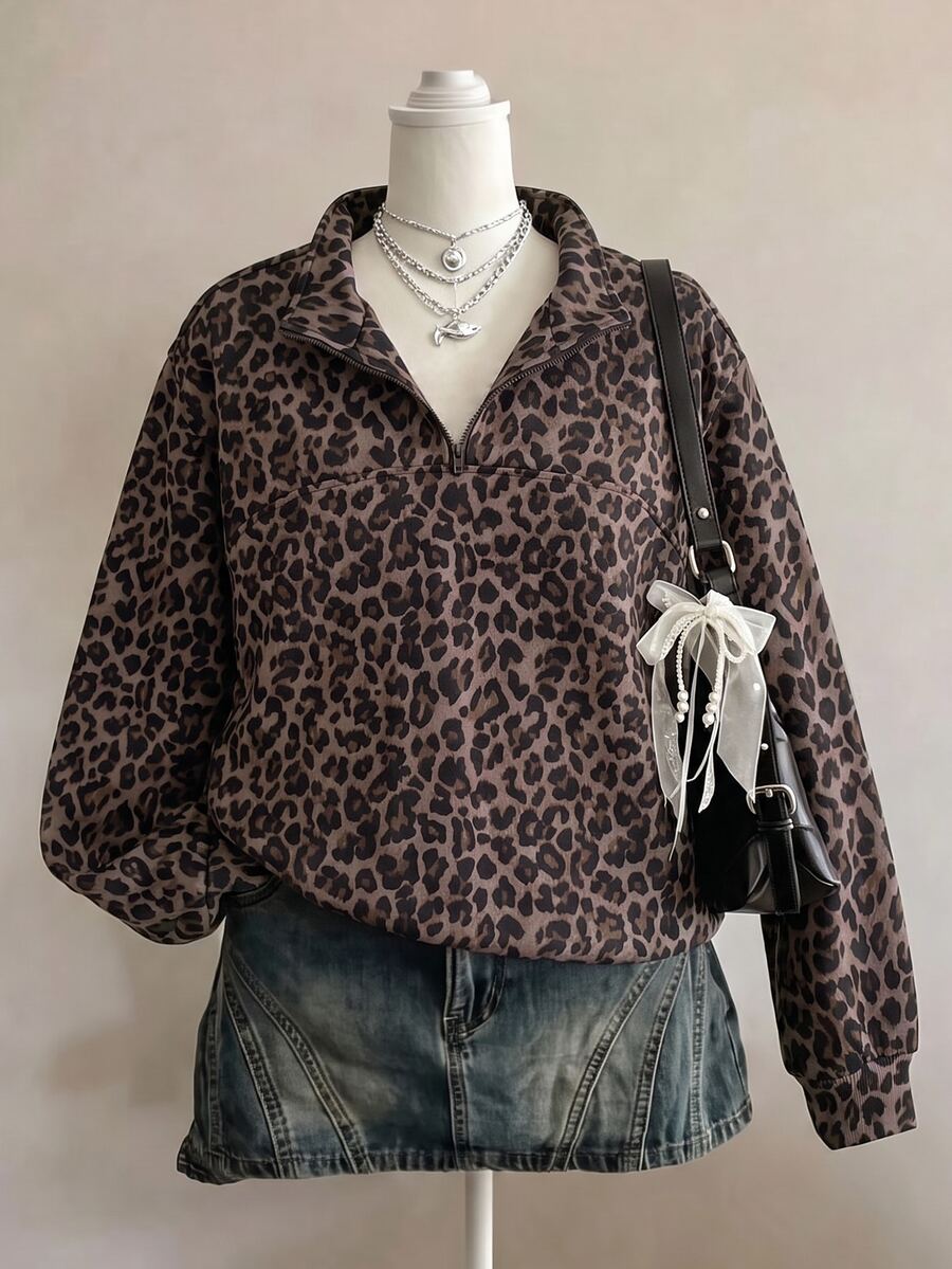 Sweatshirt Fleece Setengah Resleting Motif Leopard untuk Remaja Perempuan, Warna Cokelat, Gaya Vintage, Kerah Tegak, Longgar, Pullover, Kasual Streetwear Musim Gugur Y2K - MultiWarna - View 1