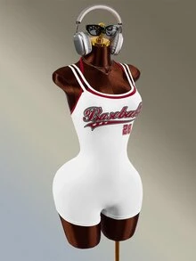 Amplova Celana Pendek Ketat Wanita Model One-Piece Tanpa Punggung dengan Motif Digital Blok Warna Merah & Putih, Tali Ganda, dan Tali Tipis - Red and White - View 4