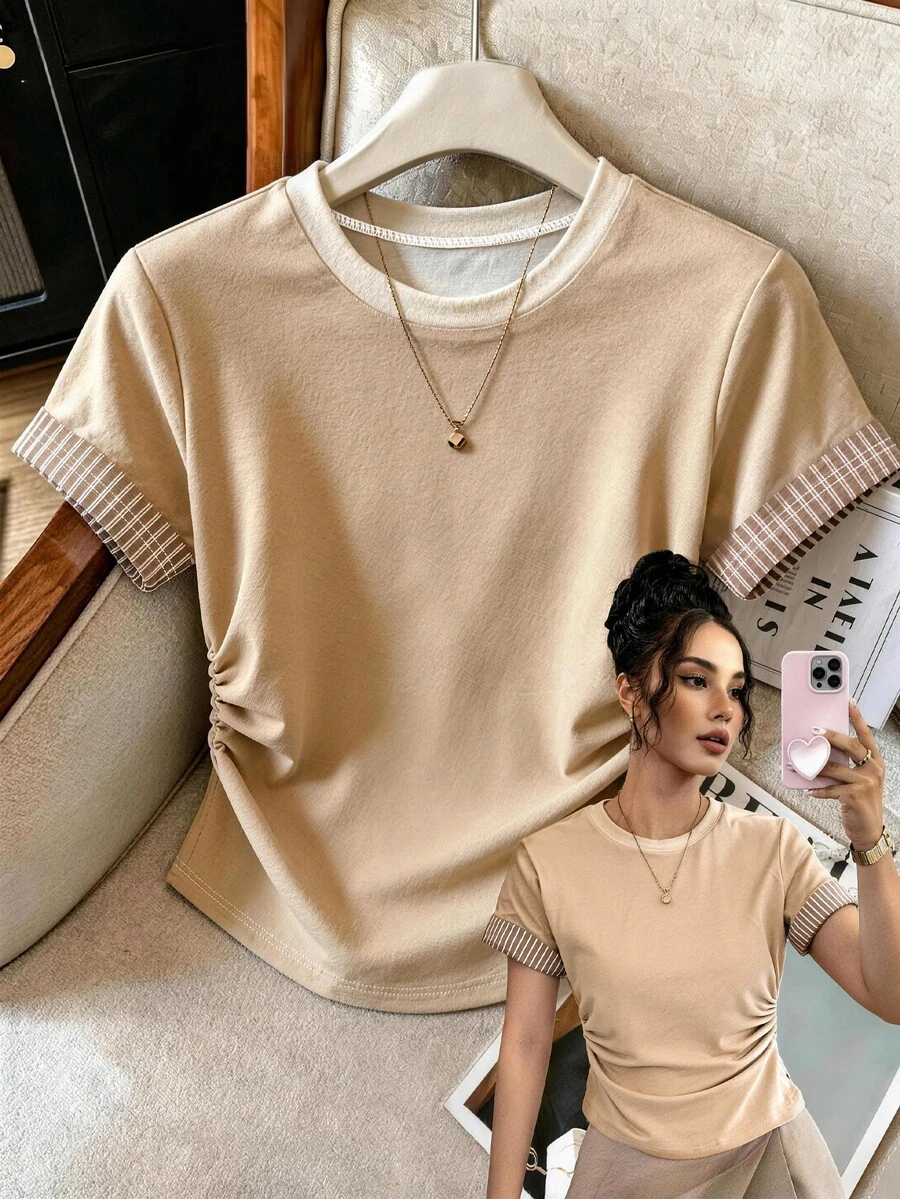 Rafferiza 夏季出遊上衣 女款 T-shirt 杏色拼色直條紋上衣 休閒百搭 圖案設計 收腰版型 舒適面料 - 彩色 - 查看 1