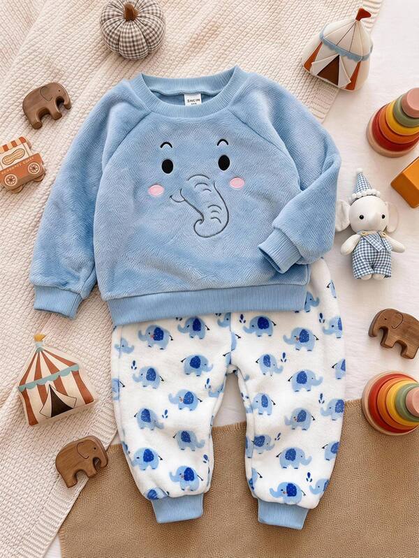 SHEIN Kids Baby Boy Cartoon Animal Pattern Faux Fur Thick Crew Neck Long Sleeve Pullover Sweatshirt And Elastic Waist Long Pants 2 Pieces Set, Comfortable Skin-Friendly Versatile Fashion Simple All-Match Style, Suitable For Indoor, Outdoor, Daily, Sports, Play, Party, Photography, Holiday, Christmas, Baby Boy Outfit