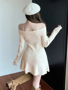 DAZY 秋季露肩針織收腰毛衣洋裝，甜美優雅浪漫約會晚餐派對聖誕女款米色毛衣 - 米色 - 查看 5