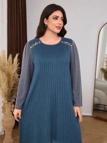 SHEIN Lacomfia Plus Size Women's Loose Casual A-Line Round Neck Long Sleeve Patchwork Ribbed Knit Long Dress, Autumn - Dusty Blue - View 6