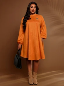 BrightlyHer Plus Size Simple Vacation Long Sleeve Dress For Weekend Outings - Orange - View 4