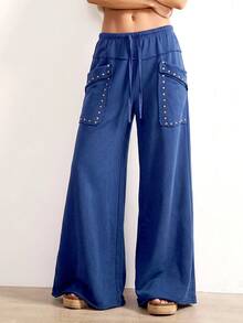 Bohemela Women's Solid Color Wide Leg Casual Vacation Pants - Blue - View 5