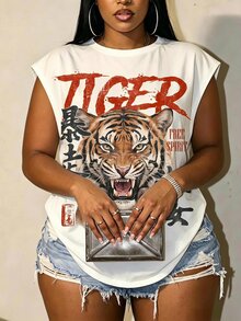 Slaydiva Vintage Loose T-Shirt, Tiger Print, Y2K Style, Suitable For Daily Commute, Dating And Party, All Season Plus Size T-Shirt - Multicolor - View 1