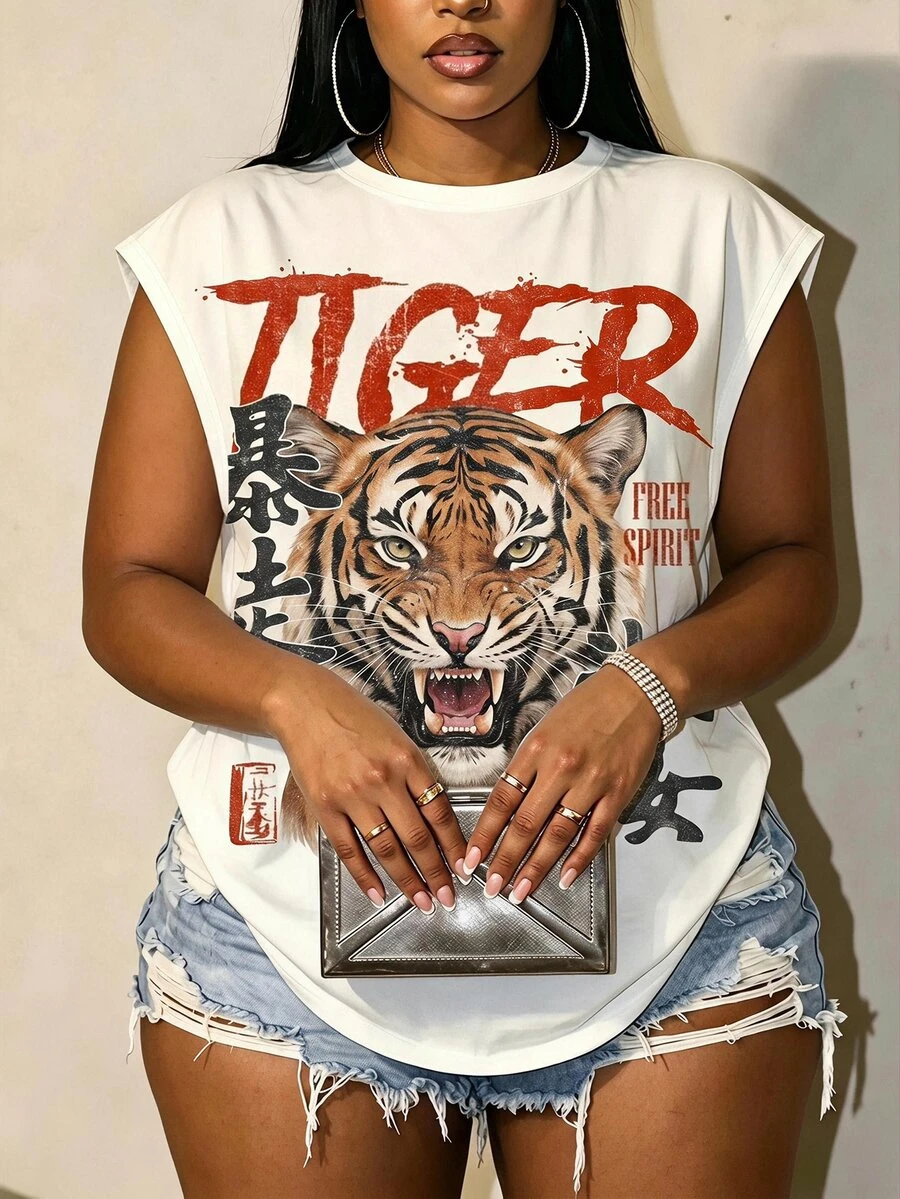 Slaydiva Vintage Loose T-Shirt, Tiger Print, Y2K Style, Suitable For Daily Commute, Dating And Party, All Season Plus Size T-Shirt - Multicolor - View 1