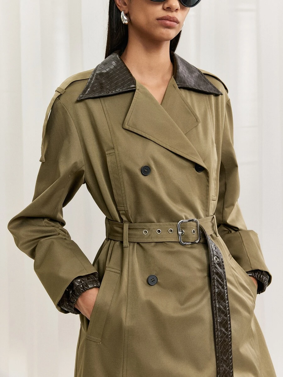 LYSMO Women's PU Plaid Collar Long Coat, Autumn/Winter Commute - Army Green - View 1