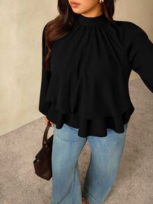 Auralis Coffee Brown Raglan Long Sleeve Plus Size Loose Waist Elastic Ruffle Hem Pullover Blouse/Casual Top Fall - Black - View 4
