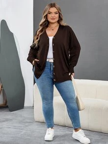 SHEIN CURVE+ 大尺碼女款純色長袖單排扣休閒針織開襟衫 - 咖啡棕 - 查看 6