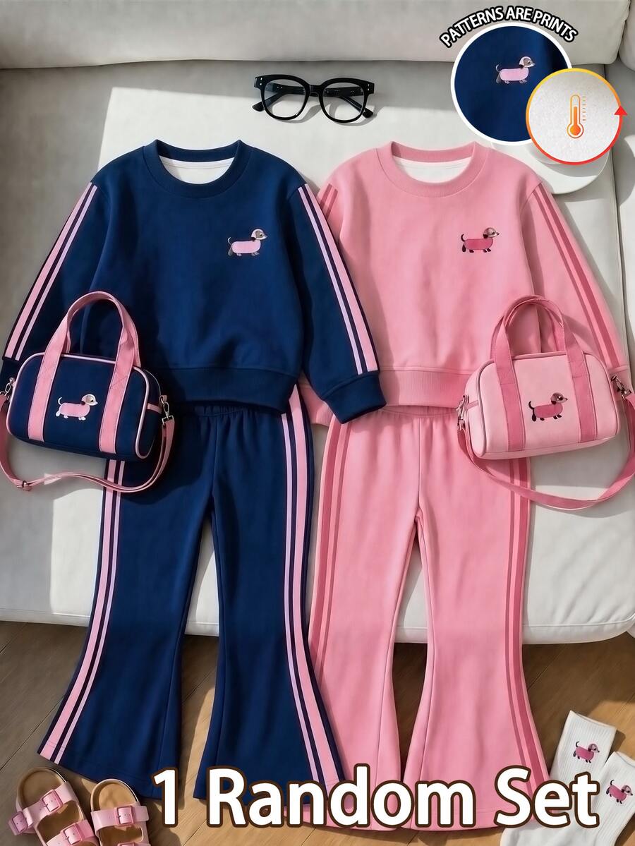 女童 2 件套 1 隨機套裝 時尚休閒小狗對比色條紋印花圓領抓絨內裡長袖衛衣上衣 條紋印花喇叭長褲套裝 柔軟面料 適合外出 秋冬 - 彩色 - 查看 1