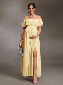 Cheriluna Maternity 優雅露肩荷葉袖側開衩A字雪紡孕婦洋裝 - 黃色 - 查看 5