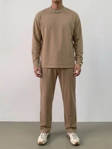DAZY 春秋長袖T恤搭配鬆緊腰長褲男士T恤套裝 - 卡其色 - 查看 7