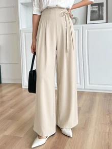 DAZY Women's Streetwear Button Pleated Loose Wide Leg Long Pants - White - View 8