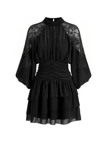 SHEIN Clasi Women's Elegant Commuter Lace Patchwork Mini Dress - Black - View 7
