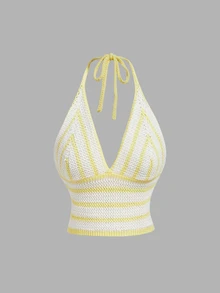 SHEIN MOD 女款條紋休閒百搭掛脖針織上衣 - 淡黃色 - 查看 1