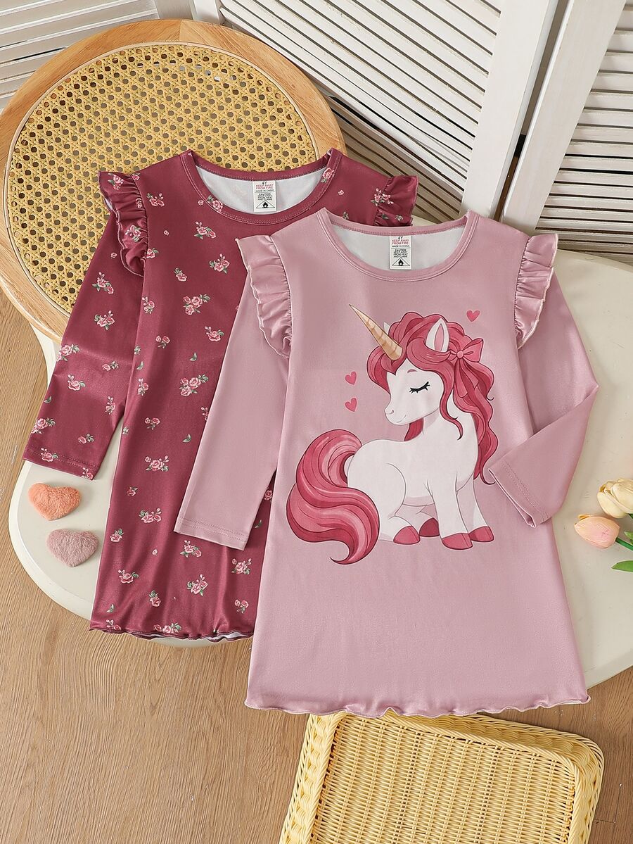 2pcs Girls Fashionable Cute Unicorn Print Long Sleeve Ruffle Hem Loungewear Dress - Multicolor - View 1