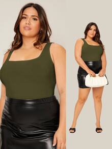 SHEIN BASICS 大尺碼挖領素色背心上衣 夏季上衣 - 軍綠色 - 查看 1