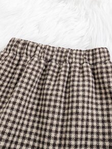 SHEIN Winter Young Girls Brown Plaid Overcoat Fur Collar Knit Ribbed Stand Collar Long Sleeve Inner Layer Wool Skirt, 3 Pieces Fall Fashion Set 7th Birthday - Brown - View 5