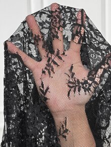 SHEIN Maternity Stand Collar Contrast Lace Long Sleeve Fitted Elegant Dress Fall - Black - View 5