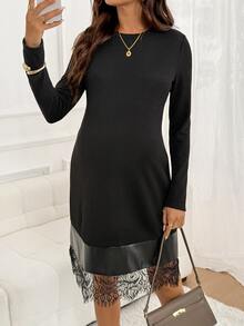 SHEIN Elegant Fashionable Lace Patchwork Long Sleeve Maternity Dress Fall - Black - View 5