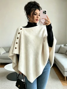 SHEIN Elenzya New Knit Plush Asymmetric Hemline With Decorative Buttons, Elegant Versatile Regular Fit Jacket For Women, Suitable For Commute And Daily Wear - Beige - View 2