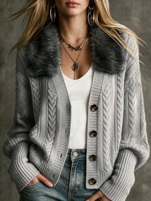 SHEIN Grey Plush Furry Collar Cable‑Knit Cropped Cardigan, Vintage Decorative Buttons Front V‑Neck Twisted - Grey - View 4