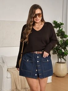 EMERY ROSE EMERY ROSE Plus Size Casual Front Button Denim Shorts,A-Line Denim Mini Skort,Brunch Look,Country Concert,Campus Style,Elegant,Casual,Vacation,Halloween,Christma - Blue - View 7