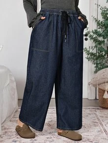 SHEIN LUNE Plus Size Women's Drawstring Waist Pocket Wide Leg Loose Casual Denim Jeans,Boho Chic,High Waist,Elegant ,Halloween,Christmas,Vacation,Country Pants - Blue - View 3
