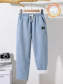 SHEIN 兒童青少年男孩休閒百搭淺藍色加厚保暖內裡燈芯絨長褲，經濟實惠，適合通勤、上學、日常休閒、度假、旅行、運動，四季皆宜 - 淺藍色 - 查看 2