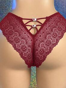 MidnightGlam 1 pieza Bragas sexys de encaje con contraste y strass glamurosos para mujer - Burdeos - Ver 1