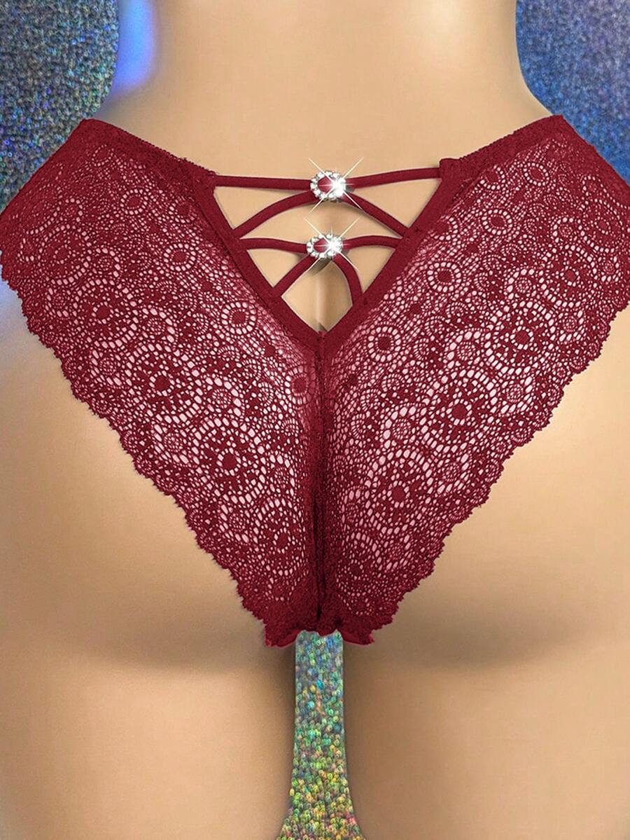 MidnightGlam 1 pieza Bragas sexys de encaje con contraste y strass glamurosos para mujer - Burdeos - Ver 1