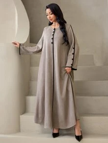 Veilorie فستان عربي أنيق للنساء بحواف متباينة - بني - مشاهدة 6