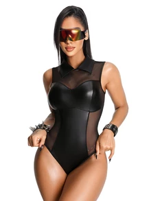 AltBold 1pc PU Leather & Mesh Patchwork Jumpsuit - Black - View 5