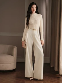 Anewsta Áo blouse ren cổ cao bèo nhún sóng mềm, họa tiết kim cương 3D, dáng ôm, tay dài, màu trơn, lớp mặc trong đi làm - trắng - Xem 7
