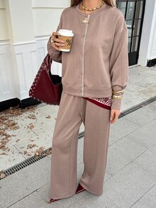 DAZY Autumn/Winter Solid Color Round Neck Textured Cardigan Jacket Paired With Loose Straight Leg Wide Leg Long Pants Casual Commute Daily Women Set - Coffee Brown - View 6