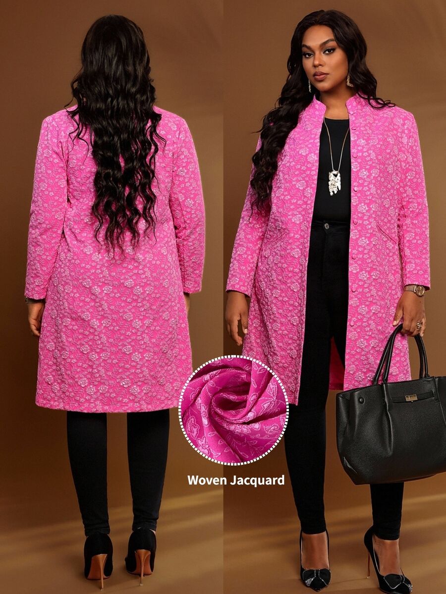 BrightlyHer Plus Size Hot Pink Textured Button Front Jacquard Stand Collar Long Sleeve Jacket Fall Winter 2026 - Hot Pink - View 1