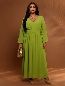 BrightlyHer Plus Size Solid Mint Green V-Neck Long Sleeve Pleated Drawstring Casual Elegant Party Brunch Formal Dress Autumn 2026 - Green - View 4