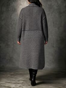 Ceyna Plus Size Women's Loose Casual Striped Long Sleeve Cardigan Sweater, Suitable For Daily Outfits Winter - Black and White - View 3