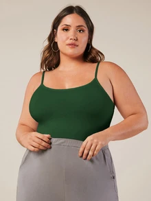 SHEIN BASICS 大尺碼純色細肩帶背心上衣 夏季女款穿搭上衣 - 墨綠色 - 查看 3