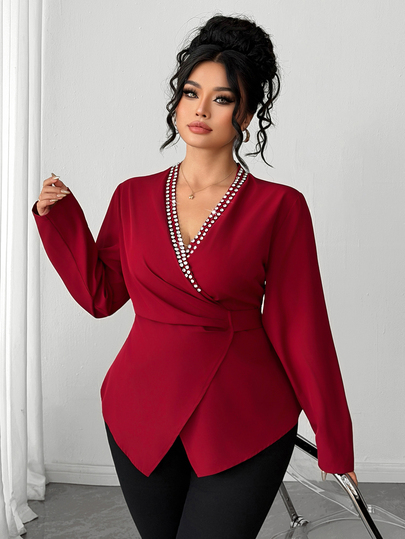 Elenzga Women's Autumn/Winter French Elegant Minimalist High-End Party Vintage Burgundy Cross V-Neck Pleated Waist Long Sleeve Blouse, Neckline Rhinestone Decor, Waist-Cinching Ruched Wrap Tie Blouse
