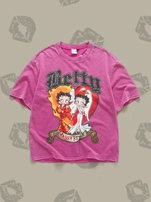 Betty Boop x SHEIN Men's Letter Print Round Neck Short Sleeve Casual T-Shirt - Pink - View 3
