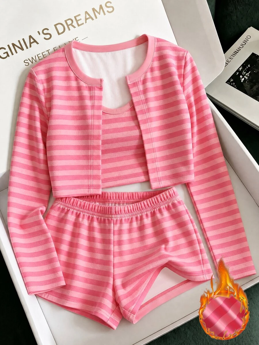SHEIN Franclia طقم خريف/شتاء كاجوال مخطط قصير الأكمام الطويلة & ملابس علوية داخلي وشورتات - روز أحمر - مشاهدة 1