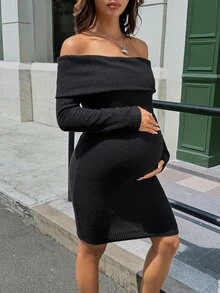 Lyckli Maternity Solid Color Off-Shoulder Long Sleeve Fitted Fashion Dress - Black - View 6