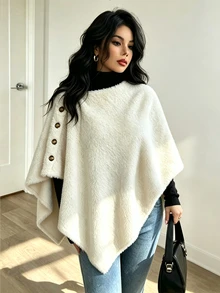 SHEIN Elenzya New Knit Plush Asymmetric Hemline With Decorative Buttons, Elegant Versatile Regular Fit Jacket For Women, Suitable For Commute And Daily Wear - Beige - View 4