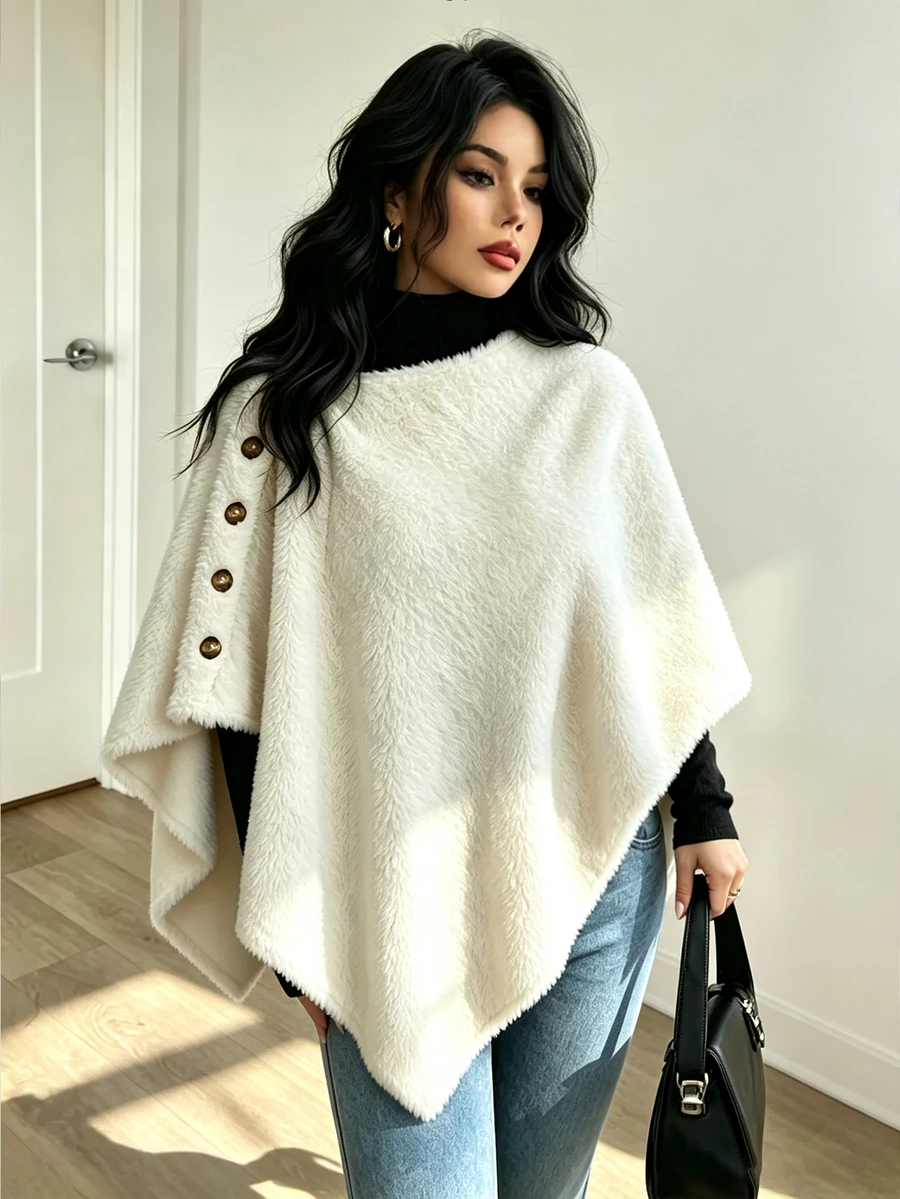 SHEIN Elenzya New Knit Plush Asymmetric Hemline With Decorative Buttons, Elegant Versatile Regular Fit Jacket For Women, Suitable For Commute And Daily Wear - Beige - View 1
