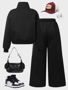 SHEIN 女童休閒兩件套，字母印花立領衛衣搭配短褲，適合春、秋、冬，日常穿著、上學、通勤、外出、散步、購物、旅行，可搭配夾克、背心、棉襖 - 黑色 - 查看 2
