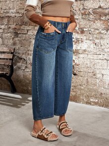 SHEIN PETITE 女款口袋設計休閒錐形短版牛仔褲 - 藍色 - 查看 5