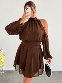 Firerie Plus Size Women Solid Color Cold Shoulder Long Sleeve Ruched Waist Fashion Dress - Rust Brown - View 1